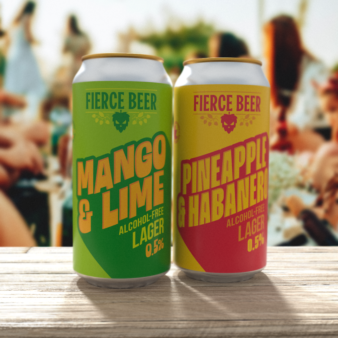 Fierce Beer Mango & Lime and Pineapple & Habanero alcohol-free lager cans side by side
