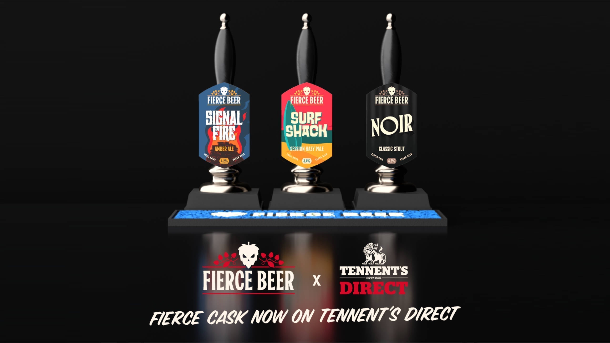Fierce Beer Signal Fire, Surf Shack and Noir cask pump clips at a Tennent's Direct venue in Scotland