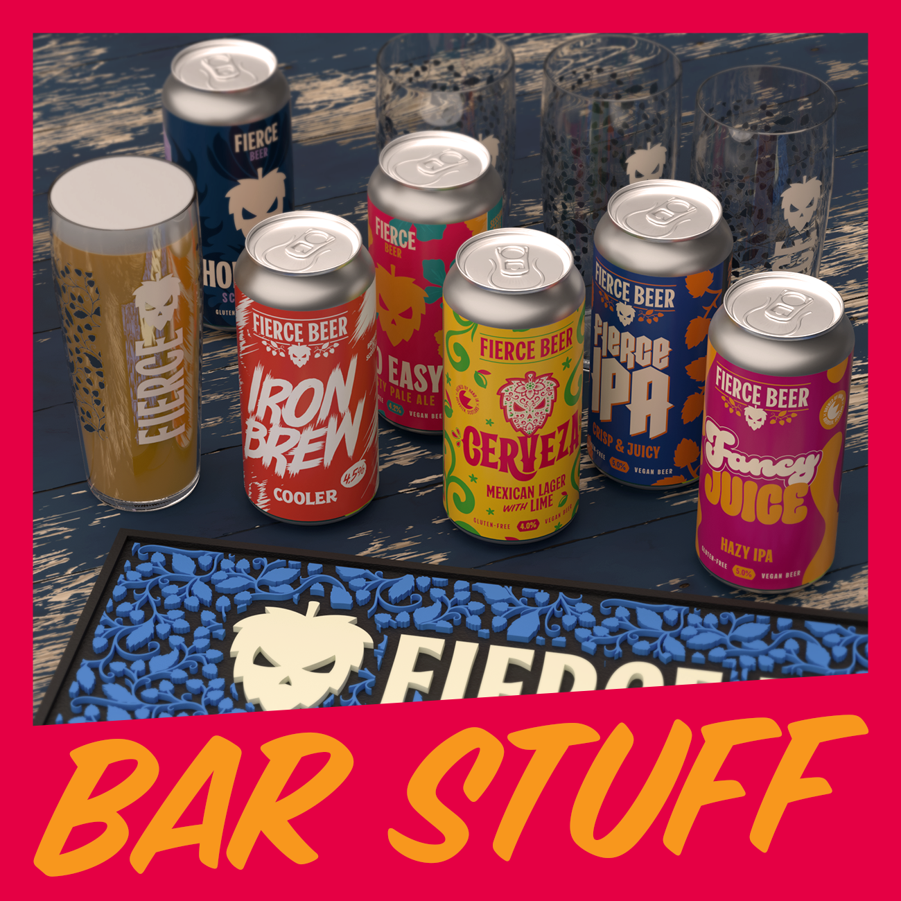 Assorted cans of Fierce Beer, Fierce pint glasses and a rubber Fierce bar mat available as a home bar kit.