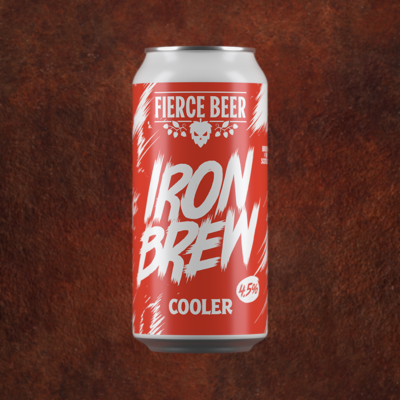 Orange and white can of Fierce Iron Brew on a dark metallic textured background