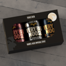 A boxed set of three Fierce Beer barrel aged imperial stout cans displayed in a black gift box The cans are labeled Very Big Moose Black Forest Edition, Very Big Moose Bourbon Edition and Very Big Moose Islay Edition.