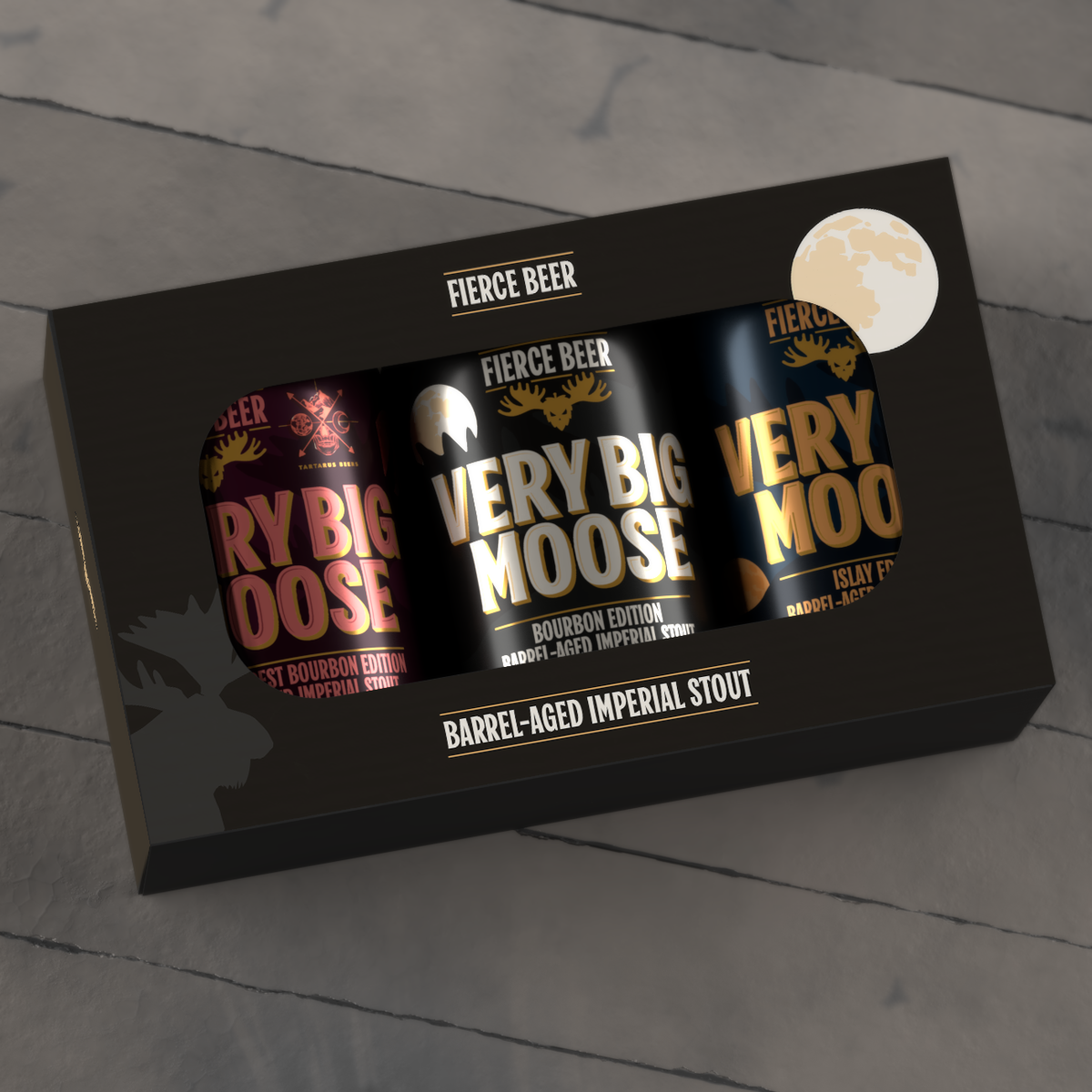 A boxed set of three Fierce Beer barrel aged imperial stout cans displayed in a black gift box The cans are labeled Very Big Moose Black Forest Edition, Very Big Moose Bourbon Edition and Very Big Moose Islay Edition.