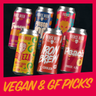 Assorted cans of Gluten Free and Vegan Fierce Beer with colorful labels on a black background