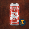 12 can purchase option of orange and white can of Fierce Iron Brew on a dark metallic textured background