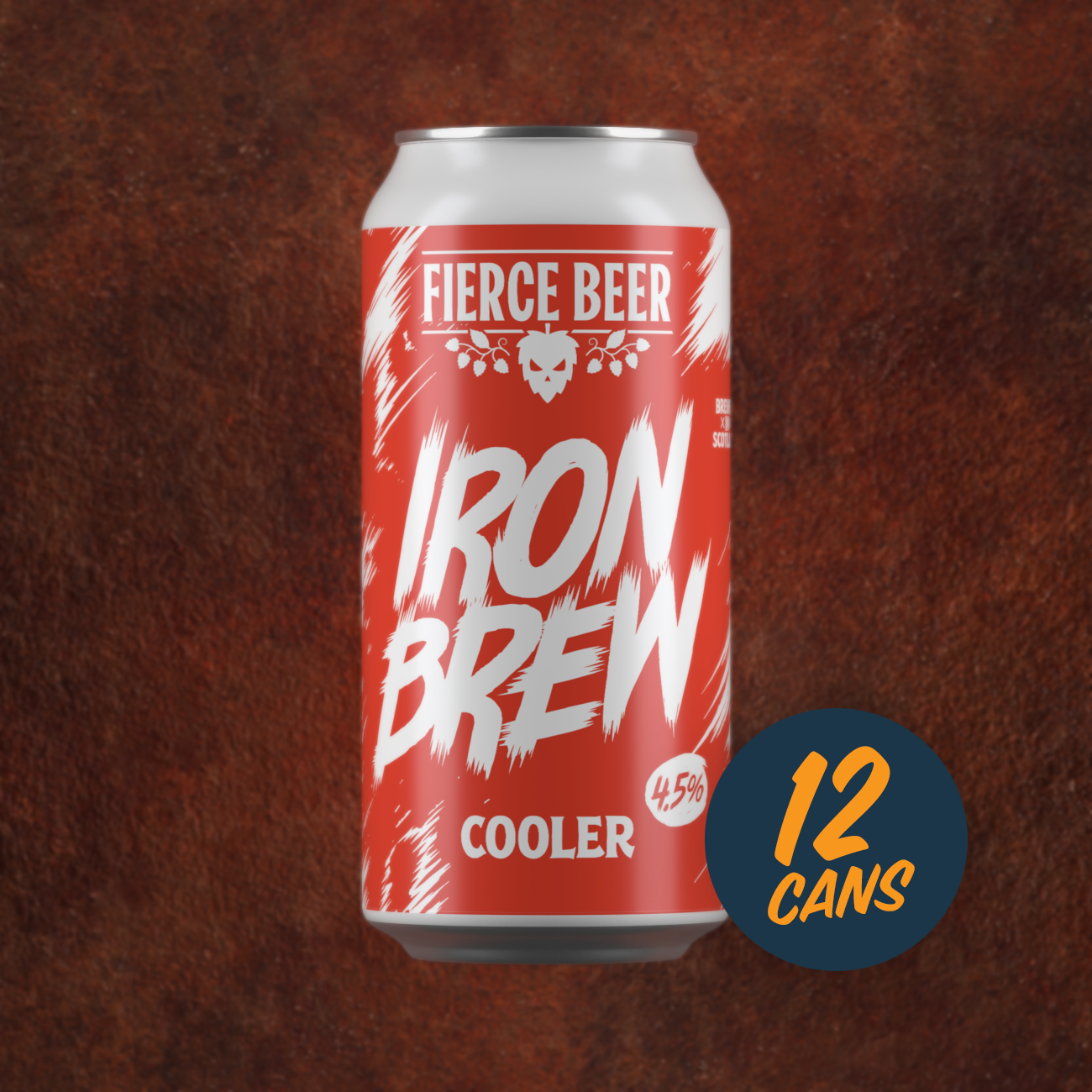 12 can purchase option of orange and white can of Fierce Iron Brew on a dark metallic textured background