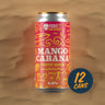 Mango Cabana fruit sour beer can with 'Fierce for Good' branding on a textured brown background.