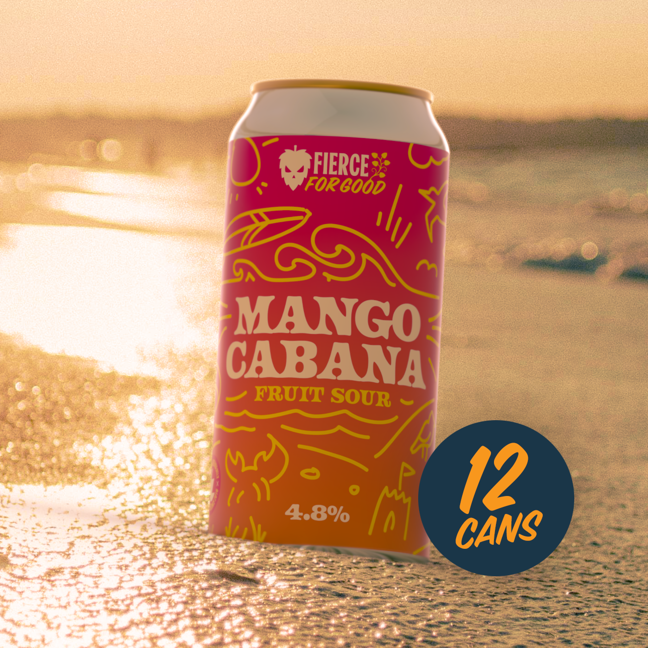 Mango Cabana fruit sour can with sunset beach background. an additional icon shows this is available as a 12 pack