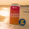 Mango Cabana fruit sour can with sunset beach background. an additional icon shows this is available as a 12 pack