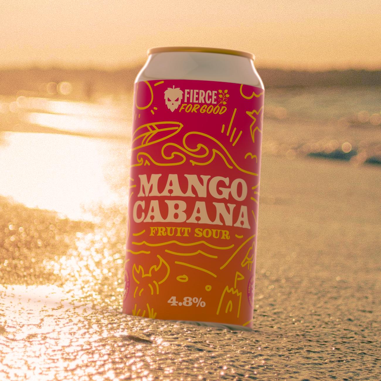 Mango Cabana fruit sour can with sunset beach background