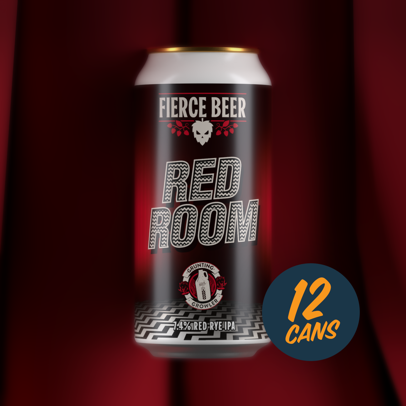 Fierce Beer Red Room can on a red background with an additional icon showing its availability as a 12 Pack.