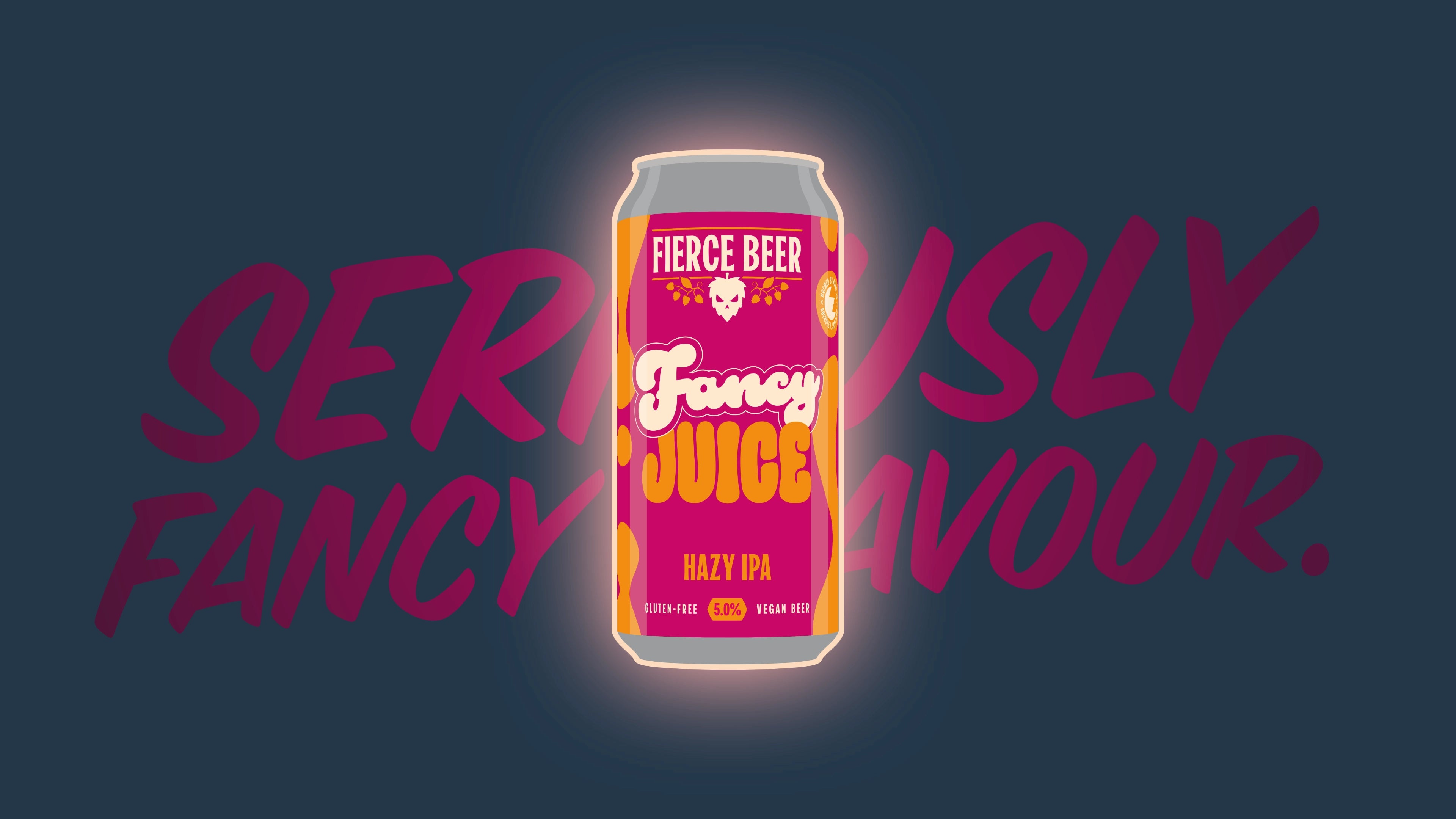 A single can of Fancy Juice by Fierce Beer, centered on a dark blue background with large pink text behind it. 'Hazy IPA', 'Gluten Free', 'Vegan Beer' and '5.0%' ABV are visible on the front.